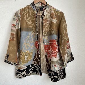 Citron Santa Monica Kimono Blouse‎ Women's S Asian Floral Bird Top Silk Blend